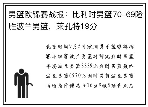 男篮欧锦赛战报：比利时男篮70-69险胜波兰男篮，莱孔特19分
